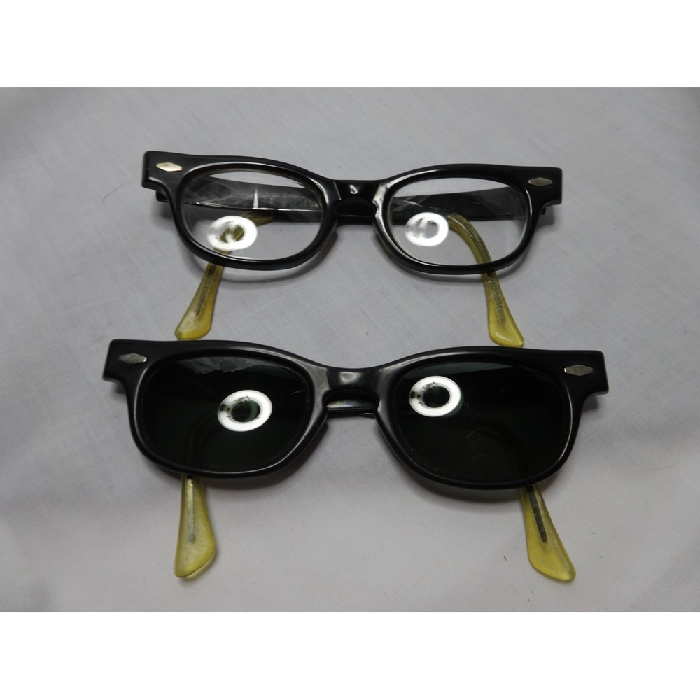 Vtg 1950s Aluminum HORN RIMMED Matching Eyelasses & Sunglasses Glass Lenses USA‎